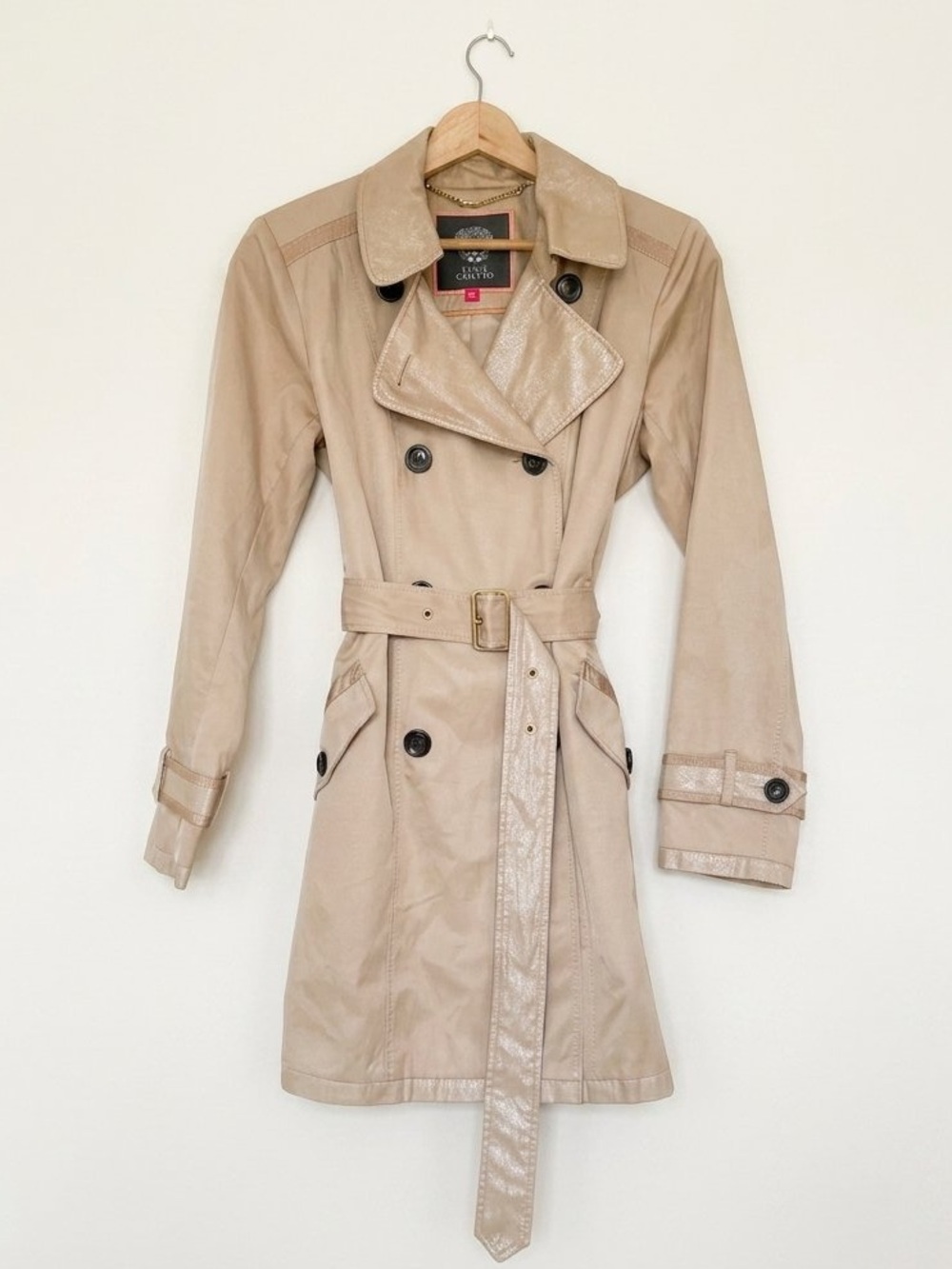 Vince Camuto Woman’s Trench Coat with Subtle Metallic Woven Finish in Sandcastle